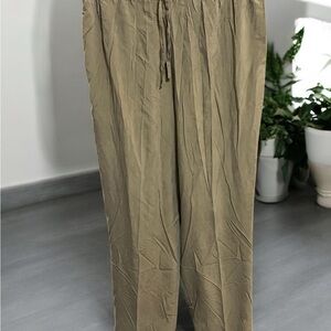 Relaxed Silk Tan Straight Leg Pants with Elastic Waistband